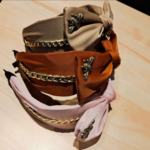 NEW Satin Big Bow Metal Bee and Chain Accents Headbands - CHOOSE YOUR COLOR - Picture 4 of 15